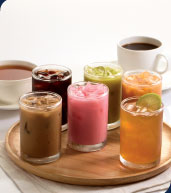 เครื่องดื่มรอน-เย็น : ชา, กาแฟ, โอเลี้ยง, ชามะนาว, นมเย็น,ชาเย็น,ชาเขียวเย็น